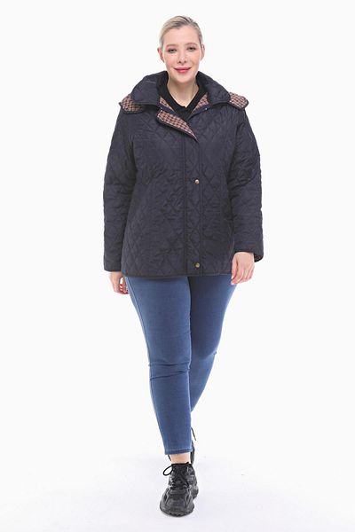 VETRE Women's Large Size Plaid 75 Cm Seasonal Navy Blue Quilted Coat 1024