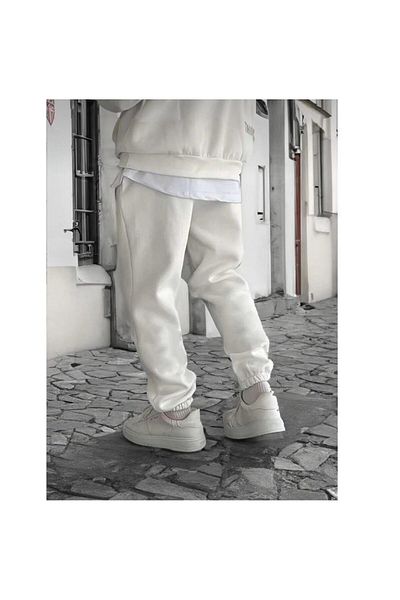 NO 601 Λευκό ψηλόμεσο χοντρό φλις εσωτερικά Jogger Sweatpants 3 κλωστών