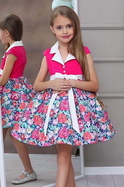 Riccotarz Girl's Shirt Collar Floral Printed Fuchsia Dress
