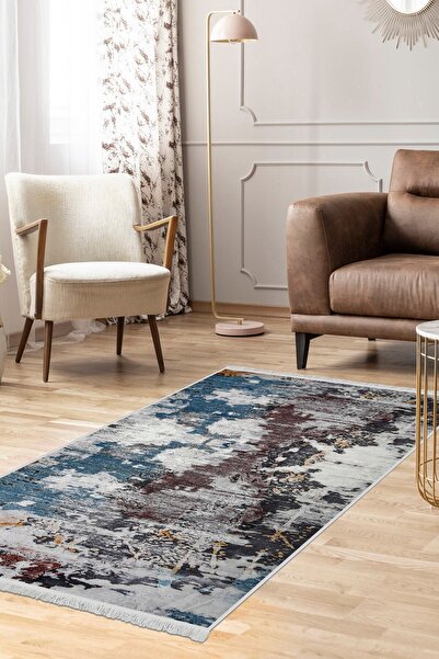 Dijidekor Modern Blue Decorative Digital Fringed Runner - Washable Antiallerg...
