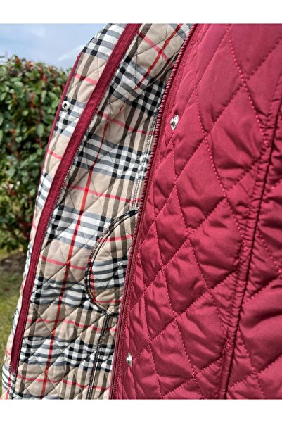 VETRE Women's Large Size Plaid 95 Cm Seasonal Claret Red Quilted Coat 1040