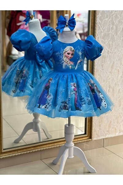 shopland Mavi Elsa Balon Kol Kız Çocuk Abiye Elbise