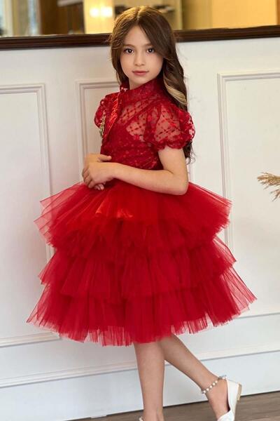 Riccotarz Girl's French Embroidery Embroidered Shirt and Layered Tulle Red Skirt Set