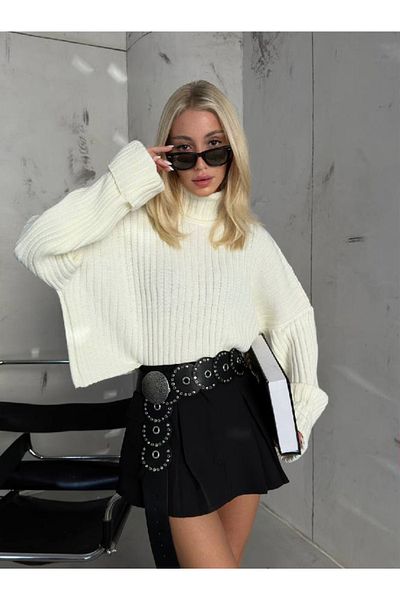 Black Fashion Magazin Elysian-pulover crop cu nervuri cu gât roscat ES23W16016-1
