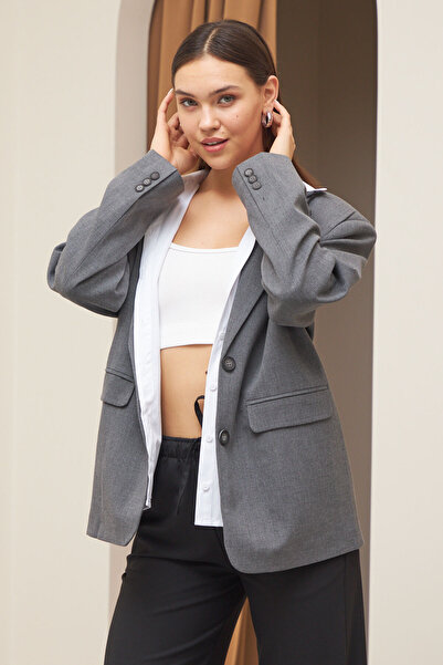 Laluvia Gray Shirt Detailed Back Printed Blazer Jacket