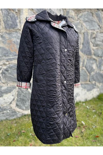 VETRE Women's Large Size Plaid 105 Cm Seasonal Black Quilted Coat 1044