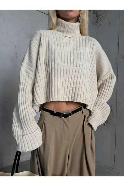 Black Fashion Magazin Elysian-pulover crop cu nervuri cu gât roscat ES23W16016-1