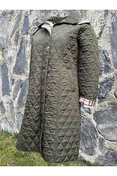 VETRE Women's Large Size Plaid 105 Cm Seasonal Khaki Quilted Coat 1044