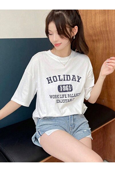 OVER HEAD Tricou oversize cu imprimeu Holiday 1961 alb pentru femei