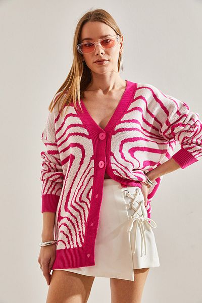 Bianco Lucci Women's Oversize Zebra Patterned Knitwear Cardigan