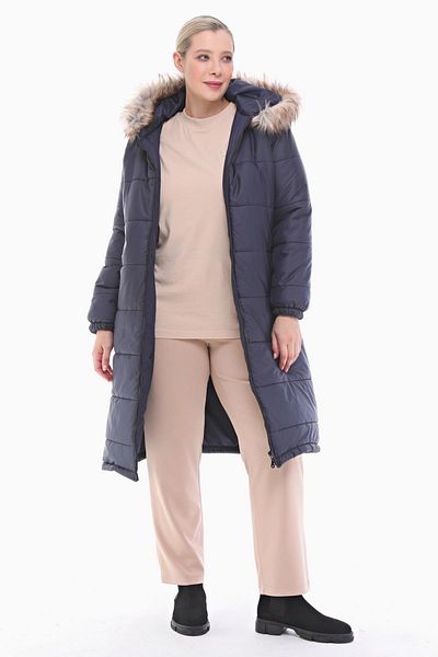 VETRE Women's Large Size Rail Patterned Navy Blue Puffer Quilted Jacket 1046