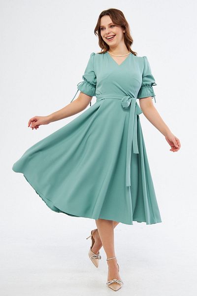 Bidoluelbise Mint Green Double Breasted Collar Gathered Short Sleeve Sleeves Elastic Belted Midi Length Dress