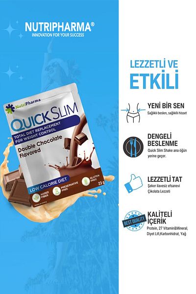 NUTRIPHARMA Quick Slim Whey Protein Meal Powder, 20g Protein, 5 g Bcaas, 27 Vitamins & Minerals, Chocolate 1 Sachet
