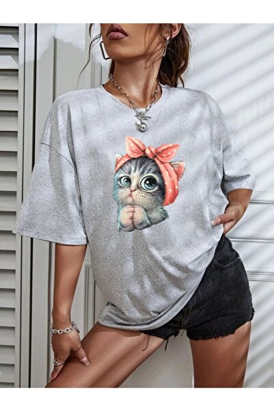 over head oh Tricou supradimensionat pentru femei, gri Cute Cat