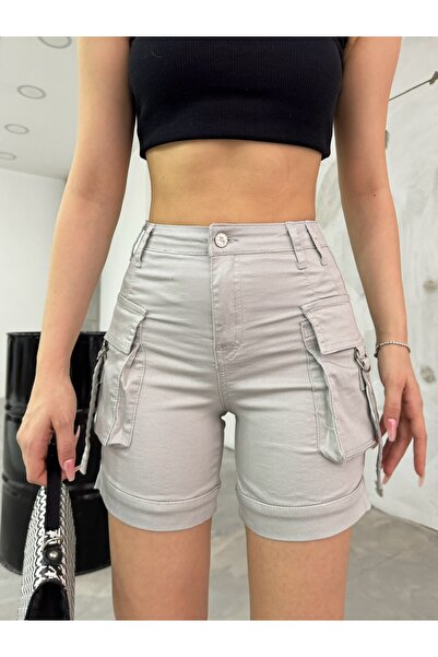 BİKELİFE Taş Kargo Cepli Yüksek Bel Esnek Denim Şort