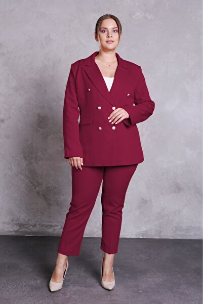 SİZ Kadın Bordo Blazer Ceket Kemerli Cepli Boru Paça Pantolon Büyük Beden Tak...
