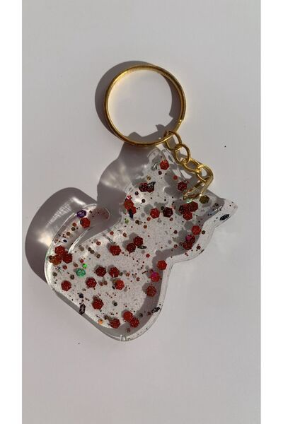 MISS GOLDEN Şeffaf Renkli Glitterli Uslu Kedi Anahtarlık Handmade El Yapımı E...