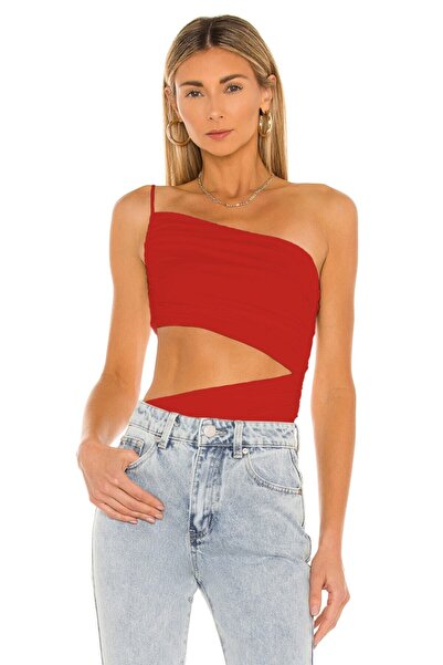 By Kul Design Women's Red Gathered Silk Jersey Bodysuit