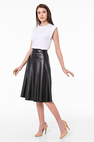 modabirsen Fusta evazată din piele de lungime midi