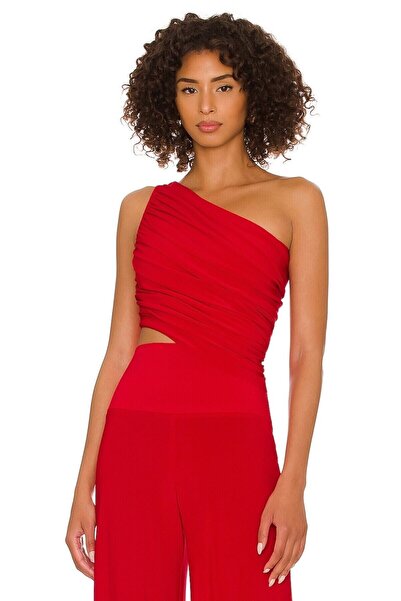 By Kul Design Kadın KIRMIZI JARSE BÜZGÜLÜ CROP TOP