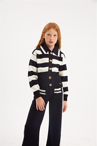 Hilal Akıncı Kids Tricotaj pentru fete cu nasturi aurii în dungi Cardigan Pan...