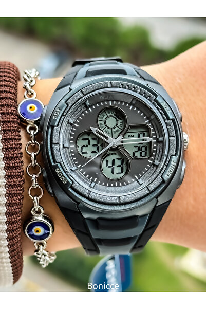 Jaga Suitable for Pool Sea Use,Stopwatch,Light,Calendar,Black Sports Digital Women's Wristwatch+Wristband