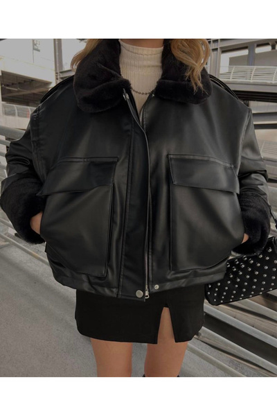 Ekim Store İçi Kürklü Crop Deri Mont