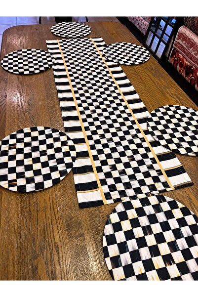 TUĞÇE DEMİR HOME DESIGN GOLD ÇİZGİLİ DAMA DESEN RUNNER SUPLA TAKIM