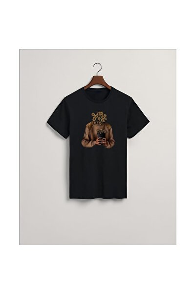 MarkaTurko Flower Man Printed Black Cotton Combed Cotton Special Design T-Shi...