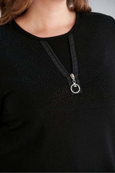 FOR ESRA BIG TREND Women's Plus Size Ornamental Zipper Detail Stone Print Side Slit Flexible Viscose Blouse