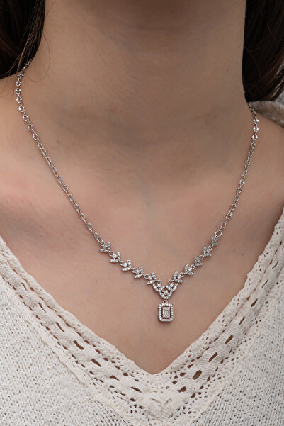 Enes Gümüş Baget Taşlı Gerdanlık Modeli Zirkon Taşlı Gümüş Kolye