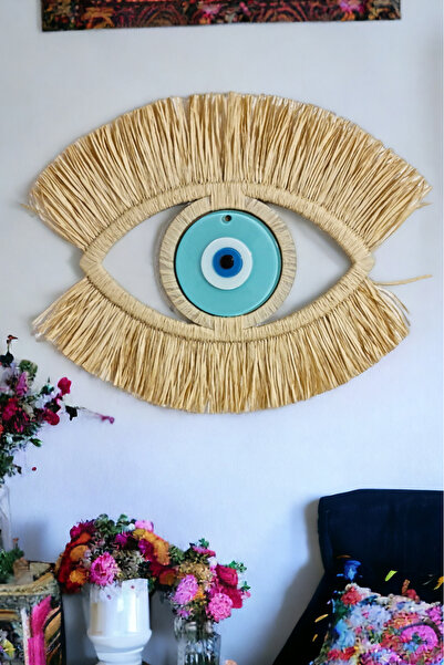 Bubihome Nazarlık 50 cm, Hediyelik Duvar Süsü, Rafya Göz Nazar Boncuğu Turkuaz