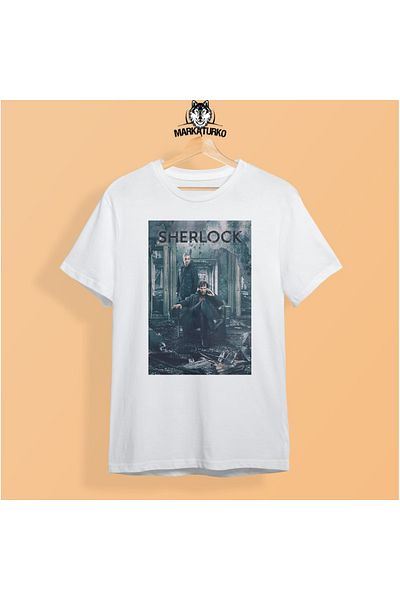 MarkaTurko Tricou unisex din bumbac pieptănat cu design special alb imprimat Sherlock 506-b48