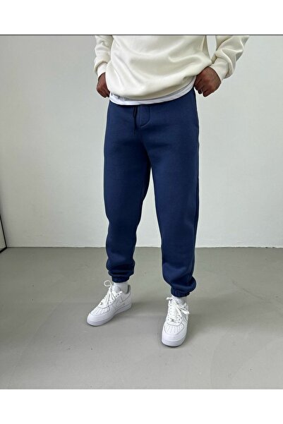 FİTGO Lacivert 3 Iplik Pamuklu Baggy Lastik Paça Rahat Kesim Eşofman Altı
