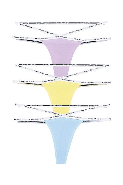 pink mood Double Rope Detailed Cotton Sexy Sports Thong 3 Pack