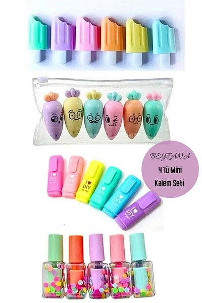 BEYZANA Mini 4 Piece Highlighter Set - Ice Cream - Cute Carrot - Mini Pen - Nail Polish Set