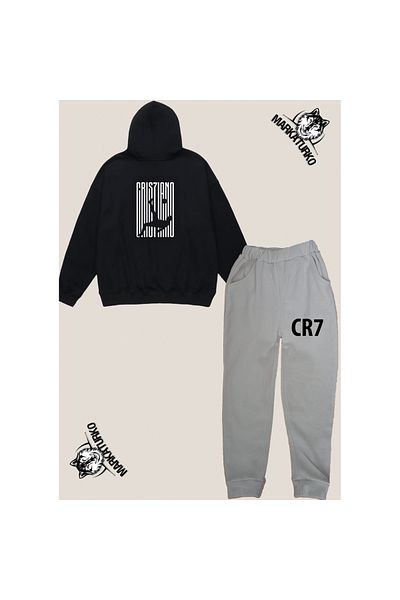 MarkaTurko Σετ φόρμας RONALDO με στάμπα unisex Special Design Βαμβακερό μαύρο-γκρι παιδικό 555-03