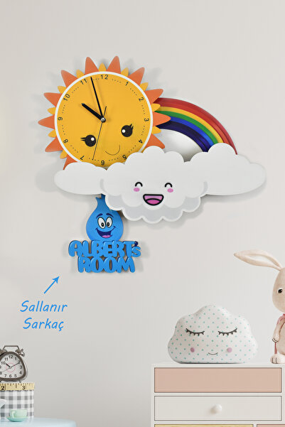 elfidadesign Sevimli Bulut, Güneş Ve Gökkuşağı Çocuk Odası Ahşap Duvar Saati ...
