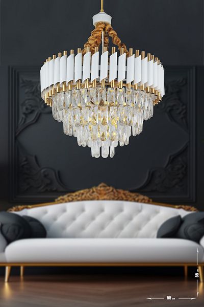Avizemoda Palmira 55 Piece Prism Cut Crystal Stone Luxury Living Room Chandelier - (White-Gold)