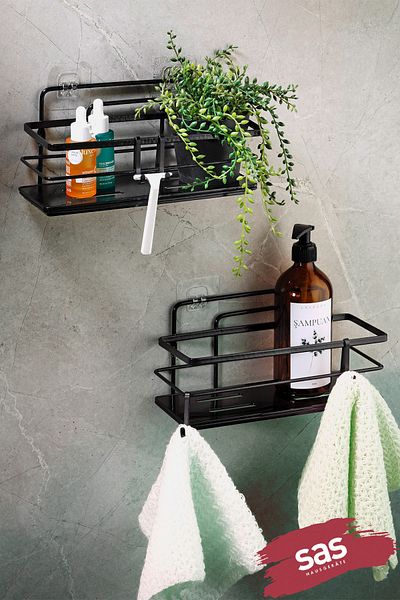 Sas Haus Adhesive Lifetime Stainless Crystal Adjustable Shelf Bathroom Organizer Shampoo Holder 2 PCS Black L