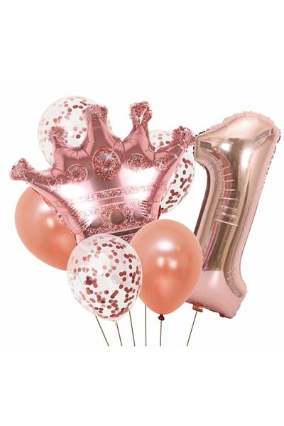 Deniz Party Store Σετ μπαλόνι Queen Princess Crown Rose Gold 1 έτους