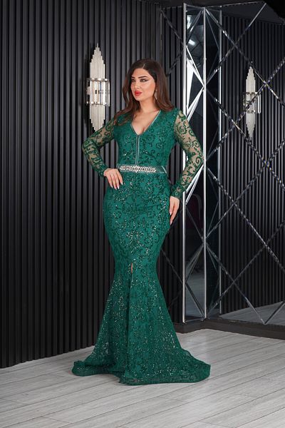 Matik Abiyem Flexible Tulle Glitter Flock Printed Slit Long Dress Evening Dress