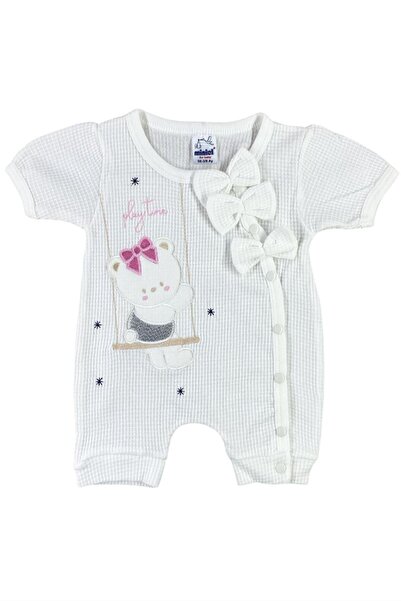 Miniel Kız Bebek Ayıcık Nakışlı 3-6-9 Ay Desenli Waffle Tulum - Ekru