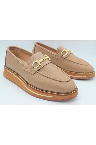 aayak&kabımofficial Genuine Leather Women's Shoes Beige Loafer Moccasin Daily Buckle Leather Aykkbim2517