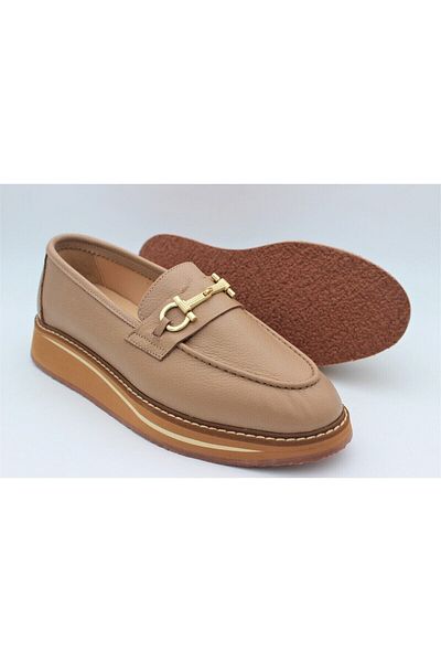 aayak&kabımofficial Genuine Leather Women's Shoes Beige Loafer Moccasin Daily Buckle Leather Aykkbim2517