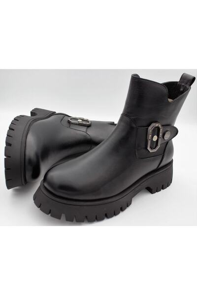 a ayak&kabım official Genuine Leather Women's Boots Black Side Buckle Detaile...