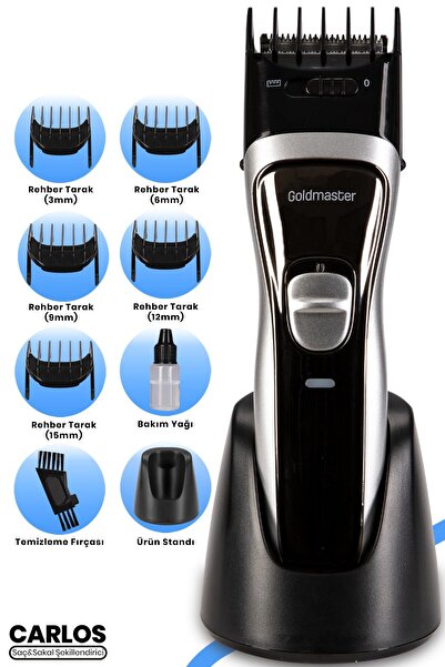 GOLDMASTER Carlos Şarj Standlı Paslanmaz Çelik Ayarlanabilen Saç Sakal Şekill...
