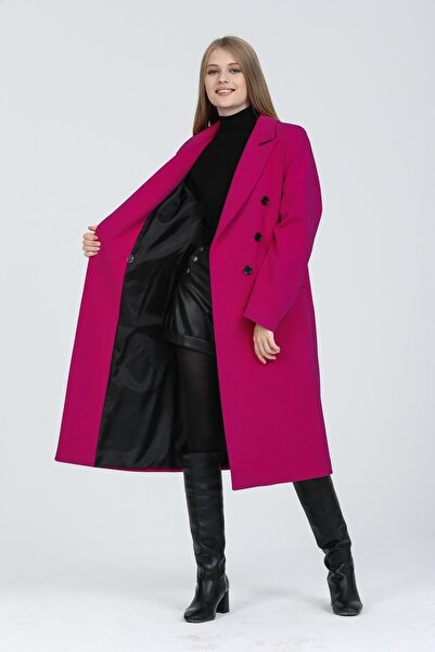 Pitti Women's Fuchsia Stamp Black Buttoned Slit Coat