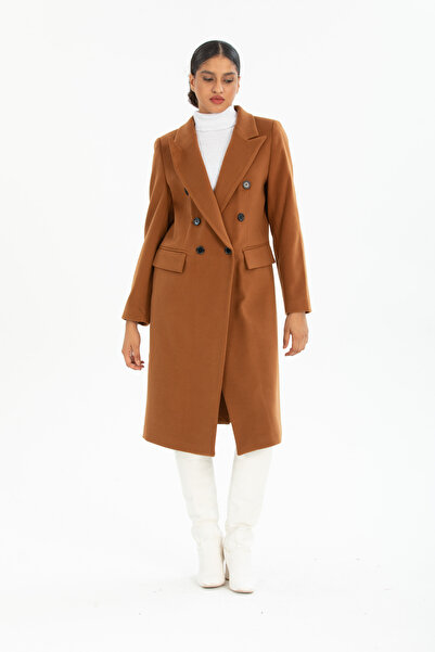 Pitti Women's Tan Men's Collar Midi Size Black Buttoned Lined Coat 70615