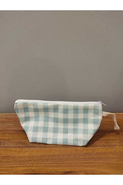 Elbasan Tekstil Μπλε Gingham που πλένεται με φερμουάρ Μονόχρωμη υφασμάτινη θήκη μακιγιάζ